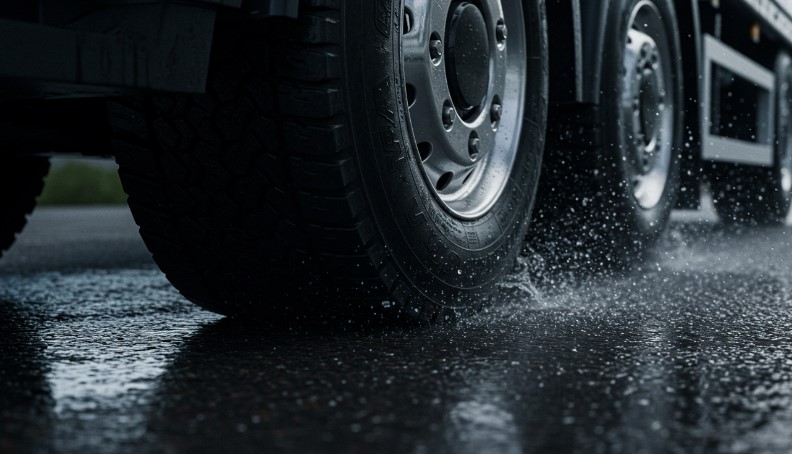 Heavy rain lashes the roadway as a large truck moves forward