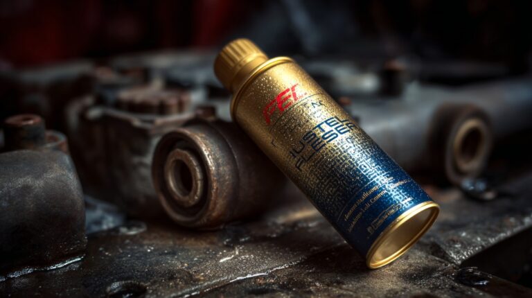 A gold and blue can of fuel system cleaner lying on a greasy engine block in a workshop setting