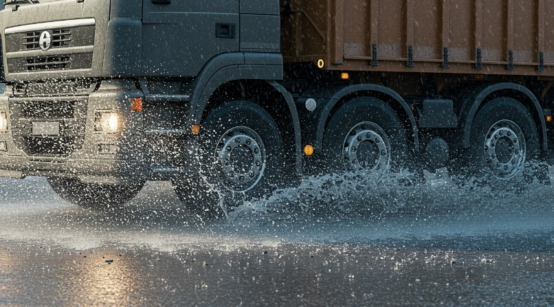 Water droplets scatter from the tires of a large truck on a rainy road