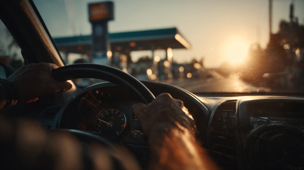 View from inside a car showing hands on the steering wheel, heading toward a gas station with the sun setting ahead