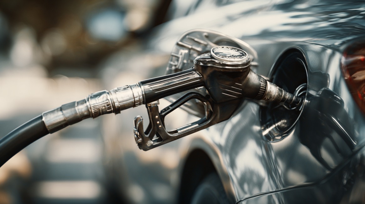 Fuel pump nozzle connected to a car’s fuel tank during refueling