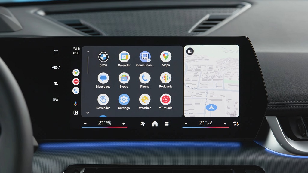 BMW infotainment screen displaying Android Auto interface with apps and navigation map via wireless